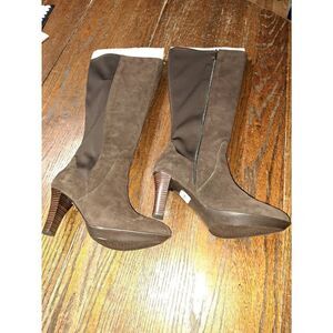 New Size 10W Lane Bryant Brown Suede Leather Round Toe Stacked High Heel Boots